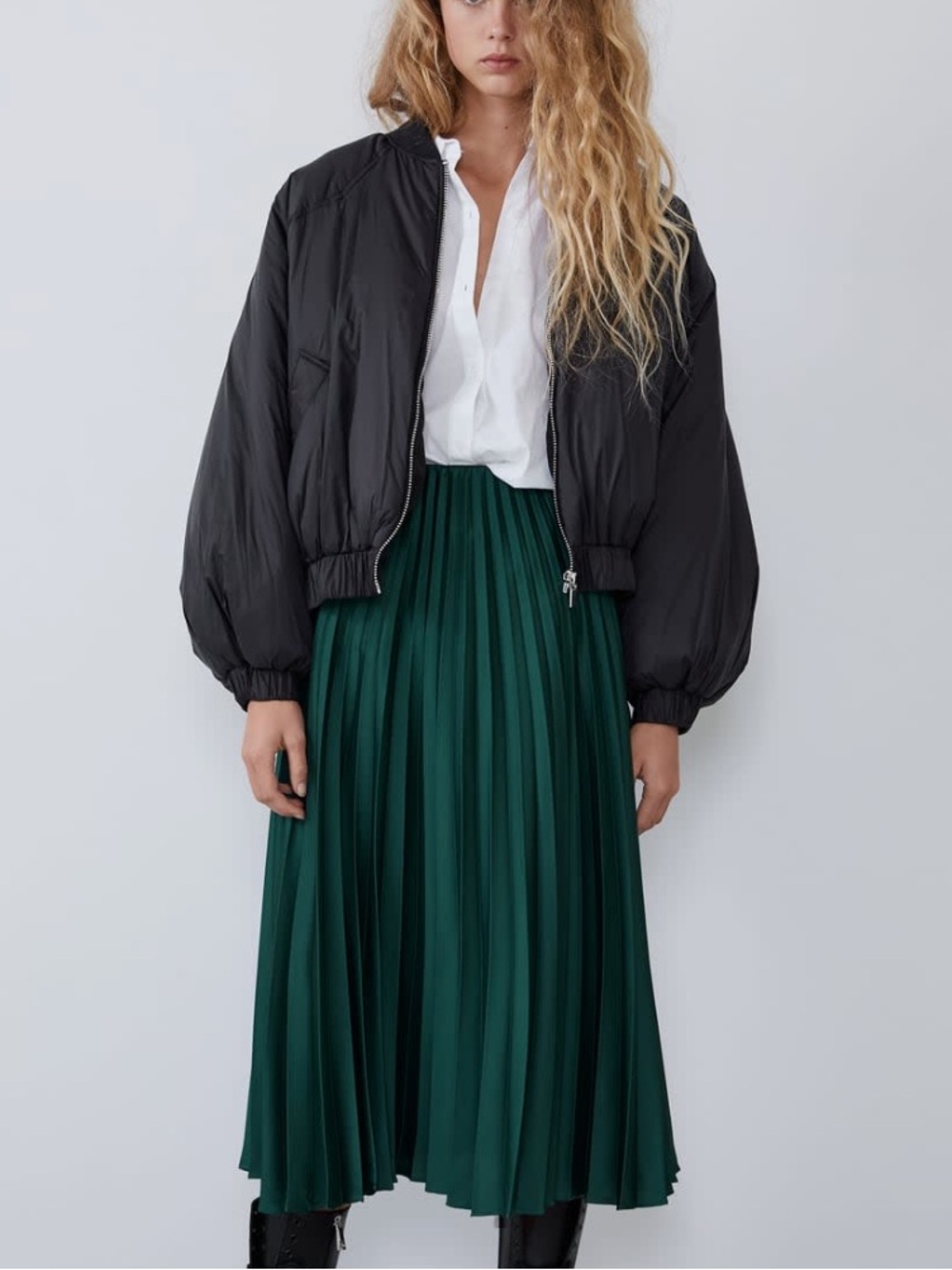 Zara Dark Green Satin Pleated Midi Skirt Size Small